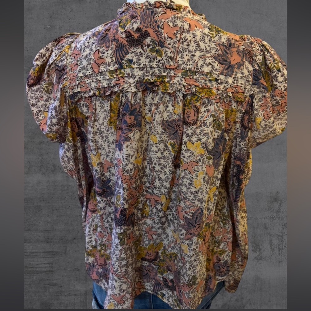 Ulla Johnson Remy Floral Puff Sleeve Open V Neck Tie Front Blouse Size 10 - Picture 4 of 8